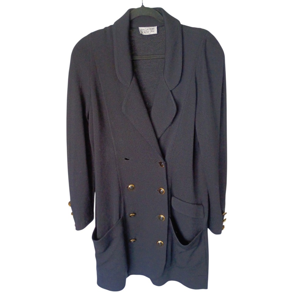 St John Vintage Black Santana Knit Double Breasted Blazer Jacket Size M